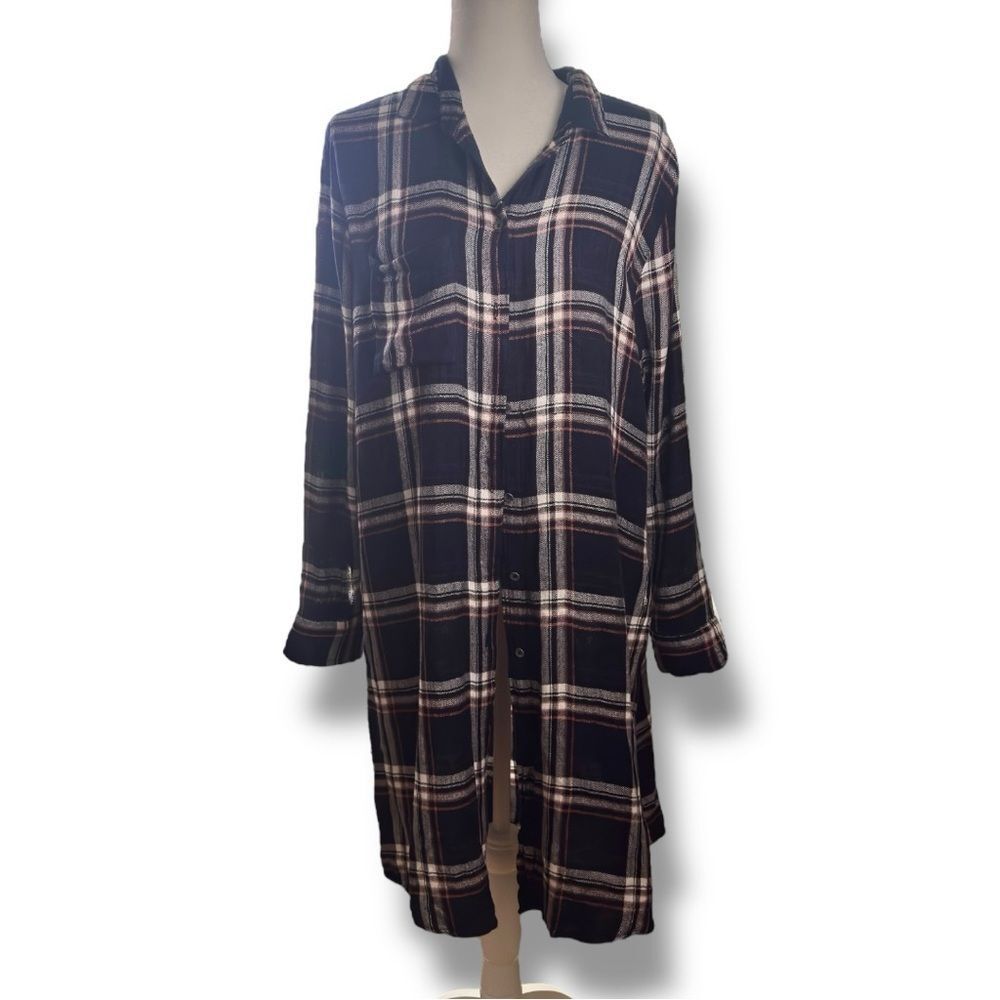 Silver Jeans Co Navy Plaid Longline Duster Shirt Shacket L/XL Boho Western